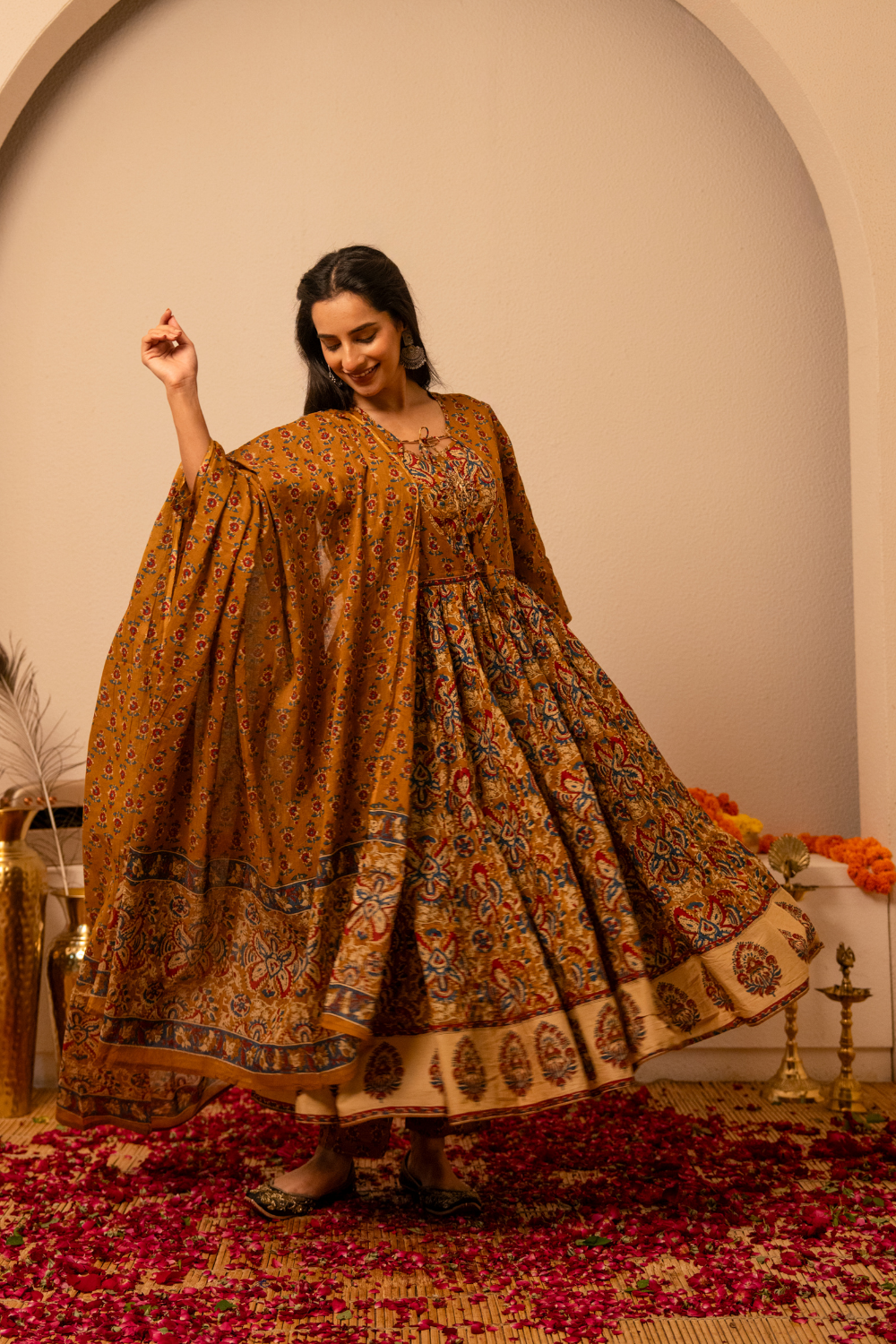 Mustard Handblock Printed Anarkali Cotton Suit Set