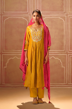 Mustard Crushed Tissue Suit with Red Bandhej Dupatta