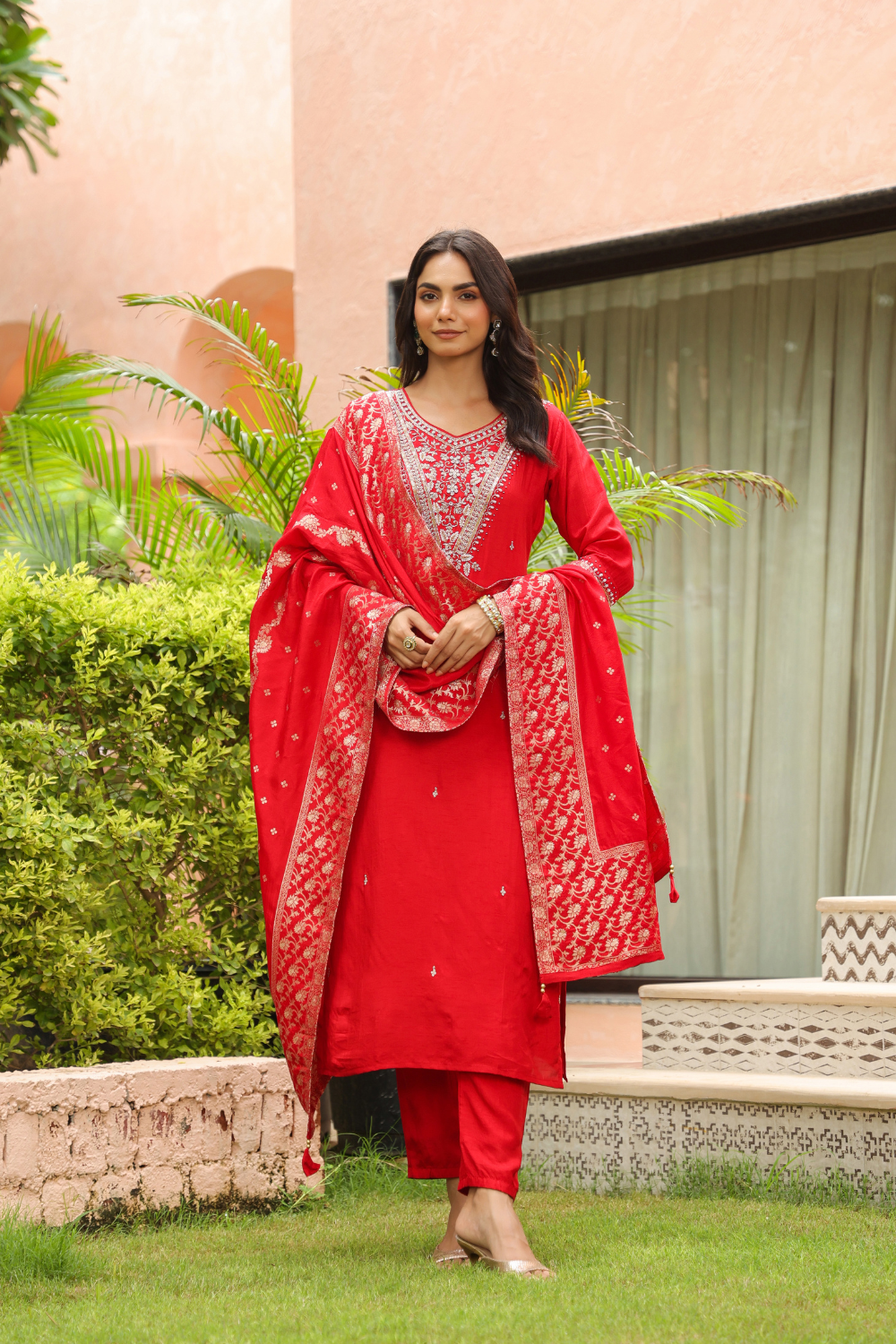 Crimson Red Pure Silk Suit with Banarasi Dupatta