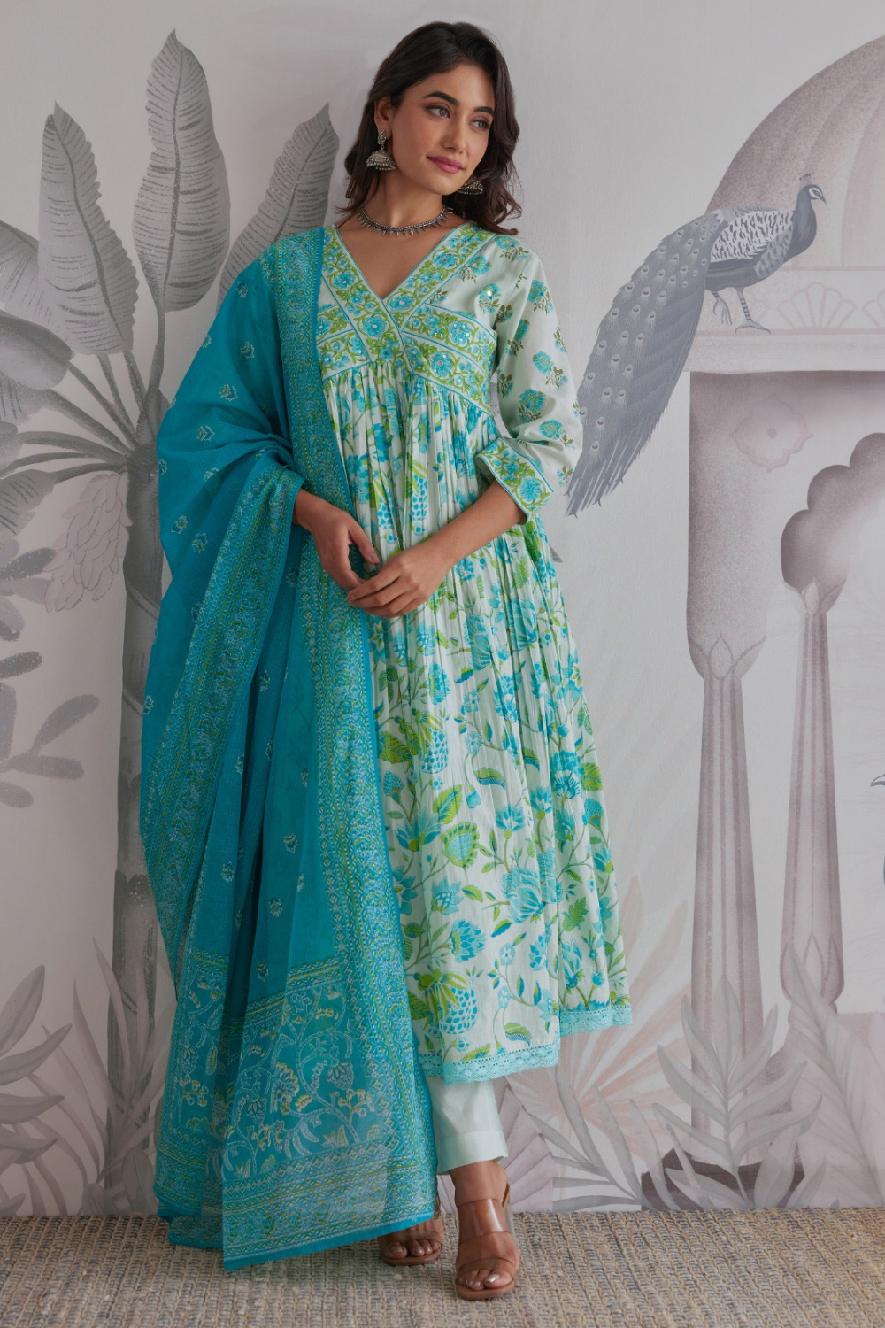 Hand Block Printed Anarkali with Pure Kota Doria Dupatta