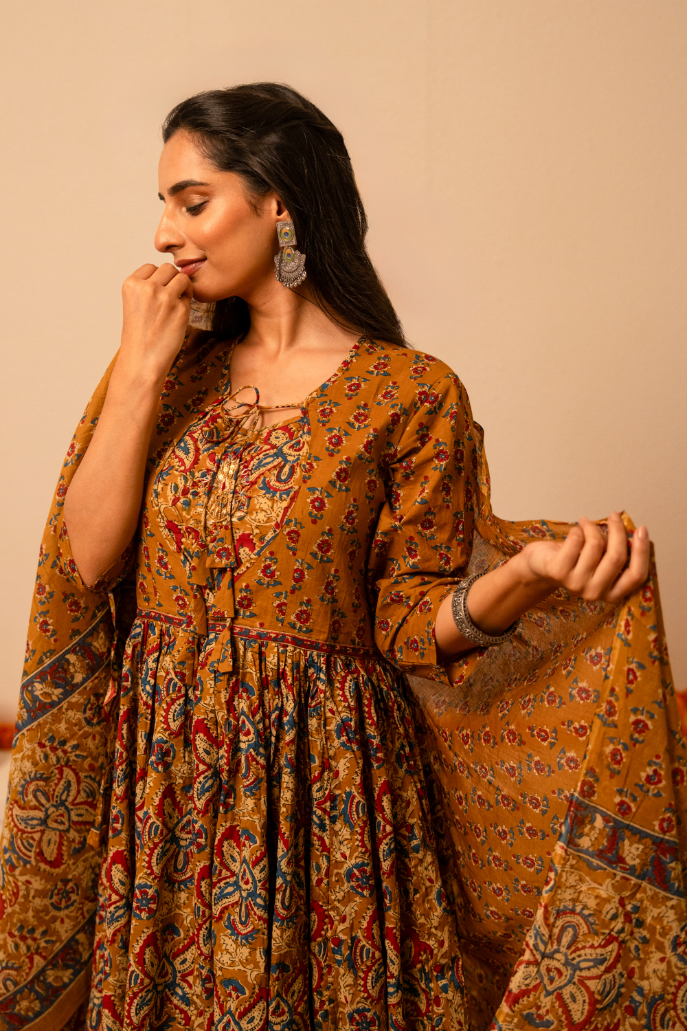 Mustard Handblock Printed Anarkali Cotton Suit Set