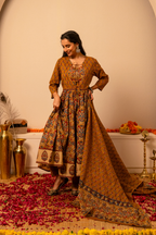 Mustard Handblock Printed Anarkali Cotton Suit Set