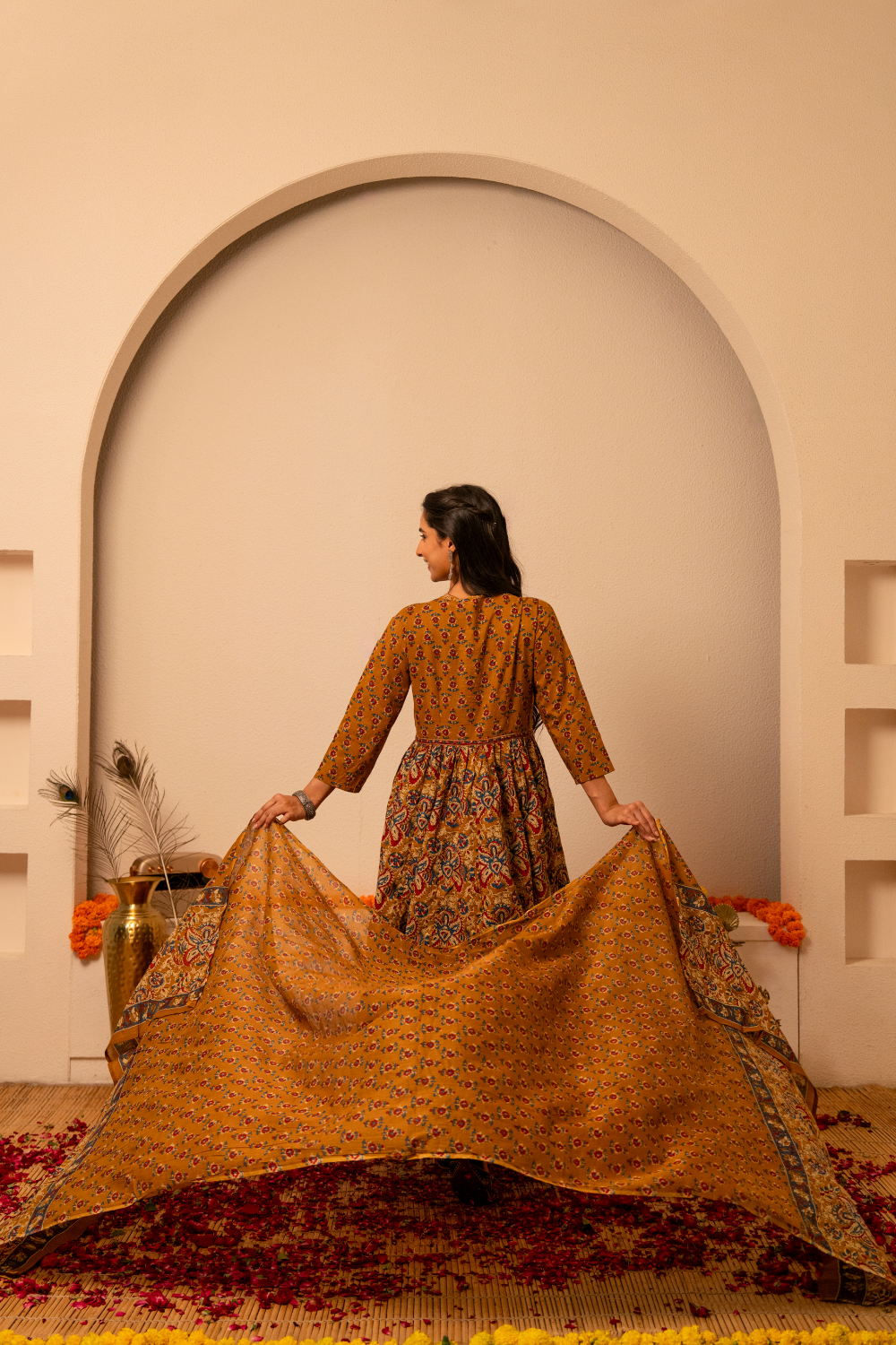 Mustard Handblock Printed Anarkali Cotton Suit Set