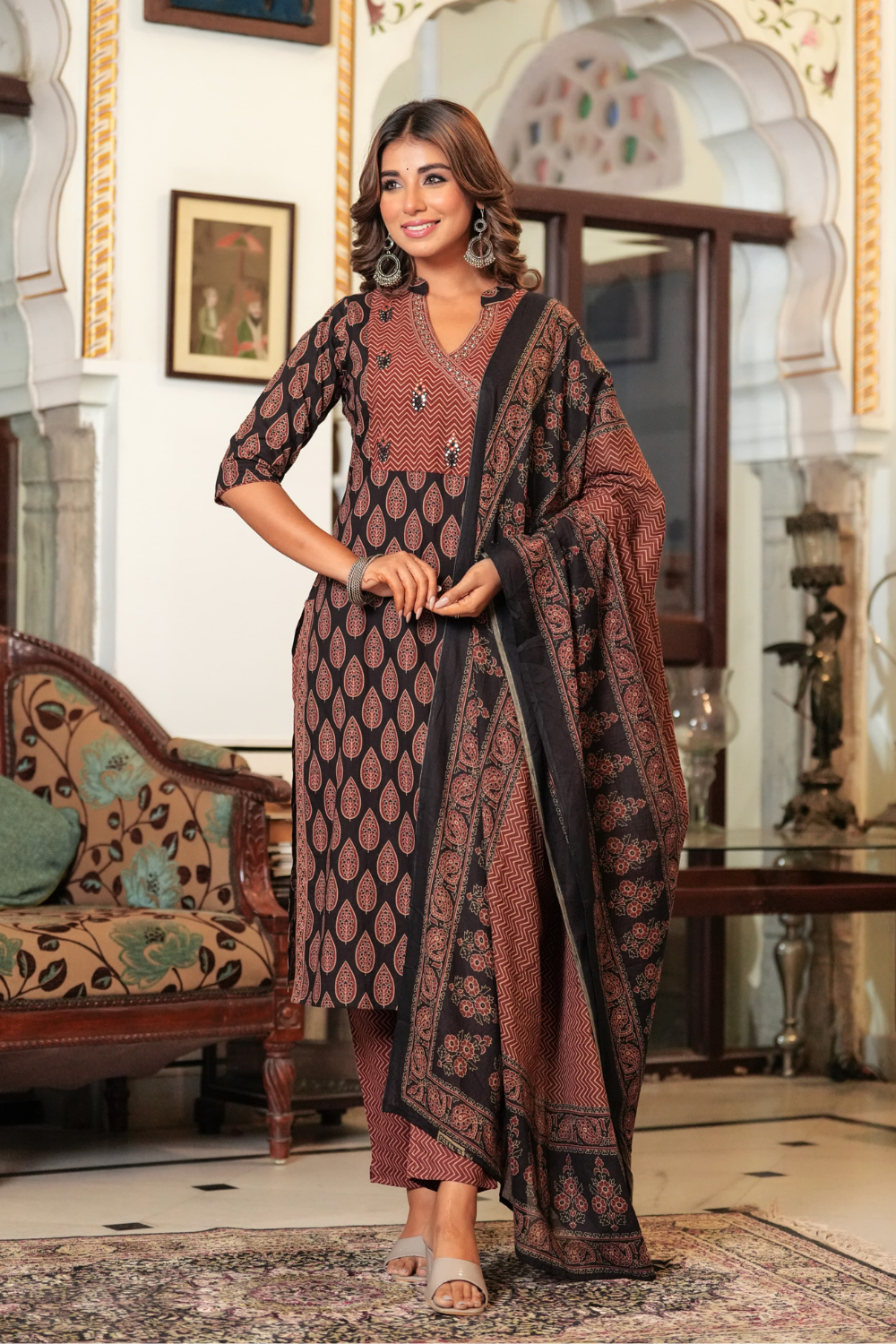 Hand Block Printed Anarkali with Pure Kota Doria Dupatta