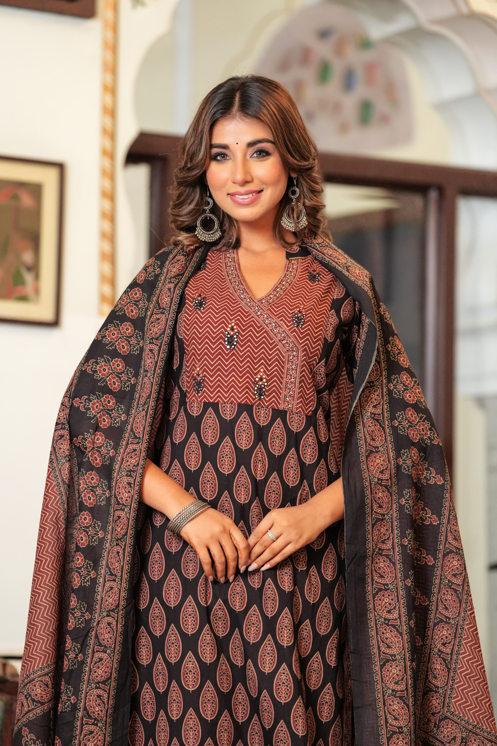 Hand Block Printed Anarkali with Pure Kota Doria Dupatta