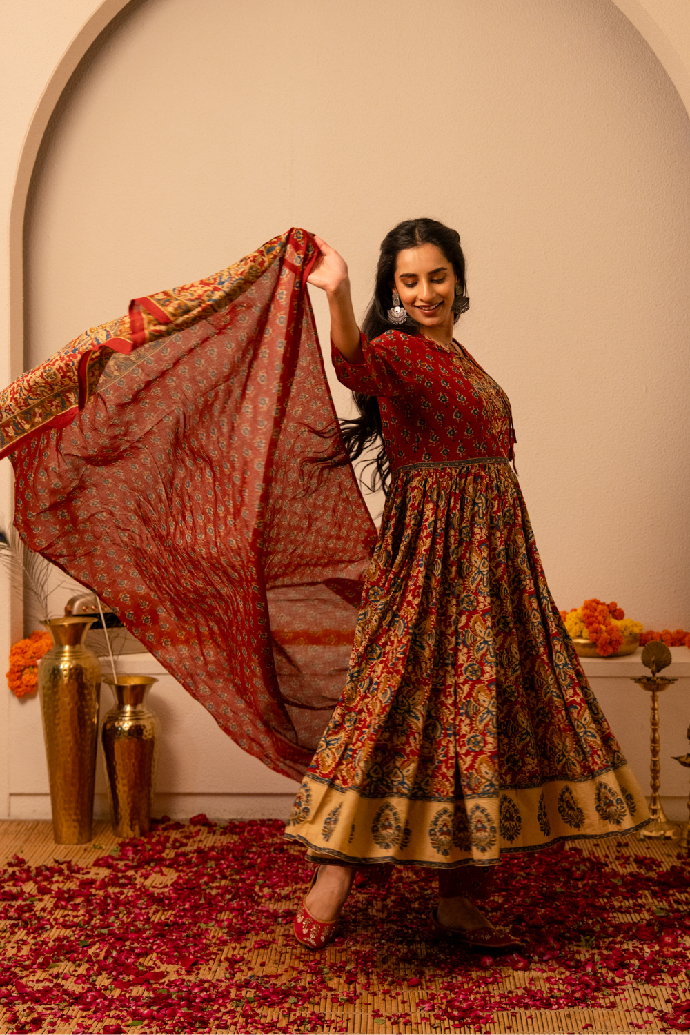 Maroon Handblock Printed Anarkali Cotton Suit Set