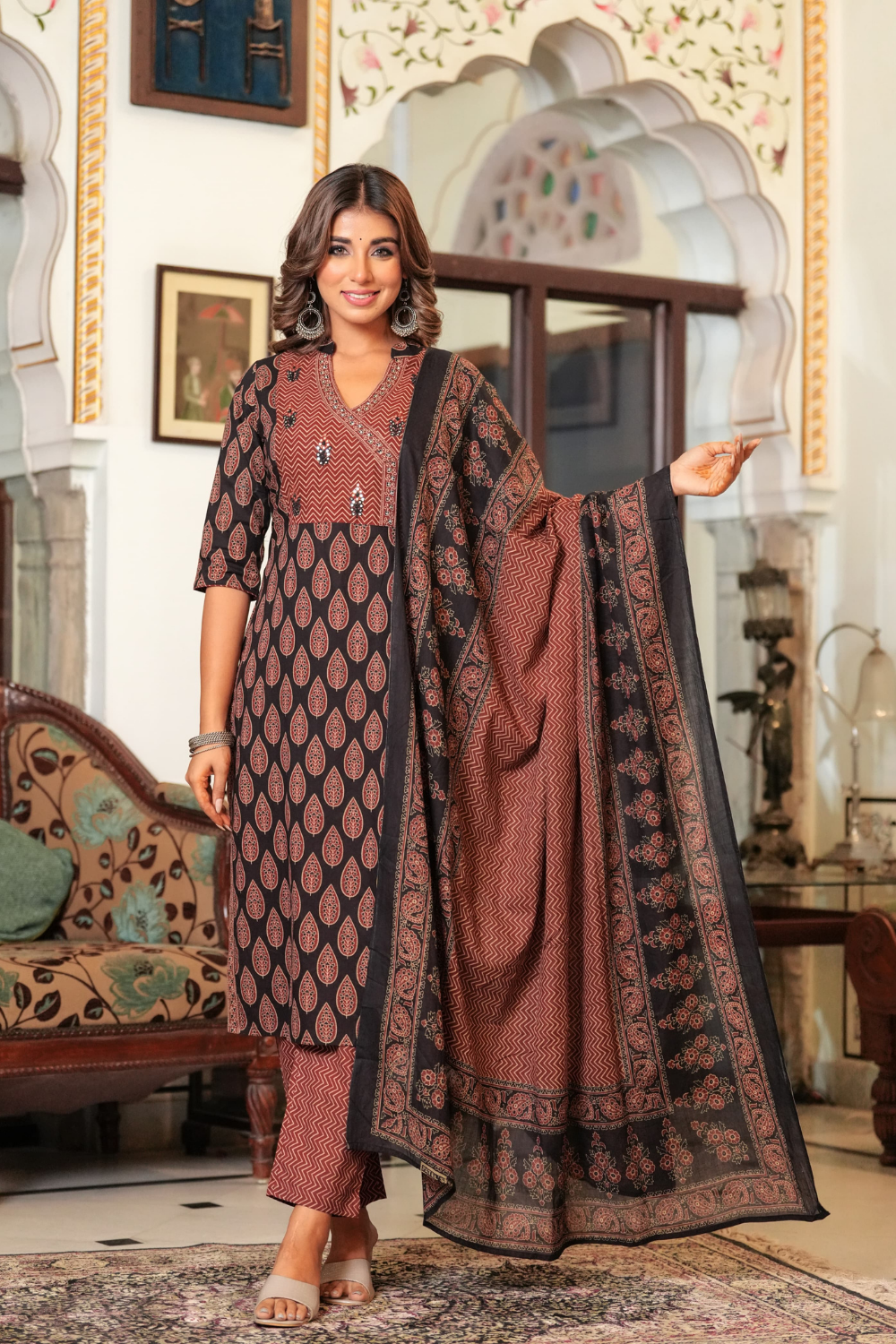 Hand Block Printed Anarkali with Pure Kota Doria Dupatta