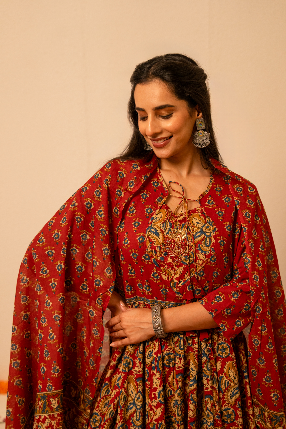 Maroon Handblock Printed Anarkali Cotton Suit Set