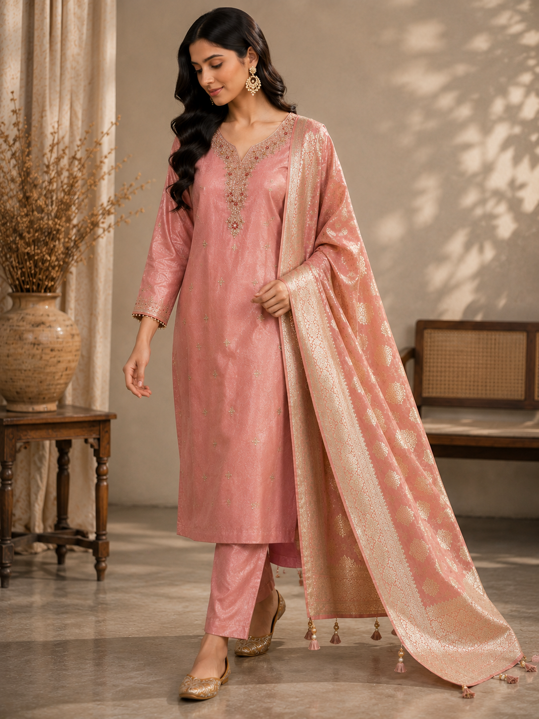 Blush Pink Tissue Suit Set with Handwork & Banarasi Dupatta