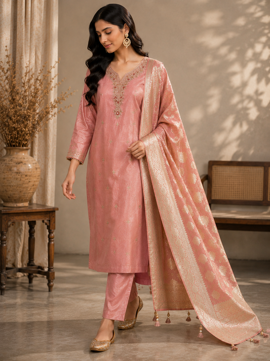 Blush Pink Tissue Suit Set with Handwork & Banarasi Dupatta