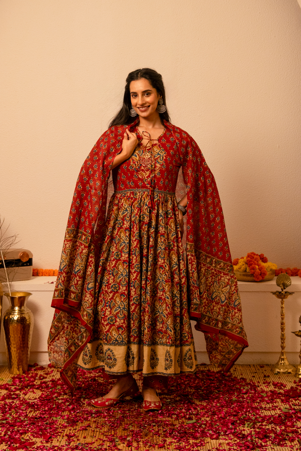 Maroon Handblock Printed Anarkali Cotton Suit Set