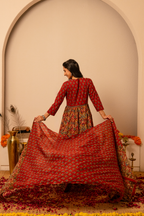 Maroon Handblock Printed Anarkali Cotton Suit Set