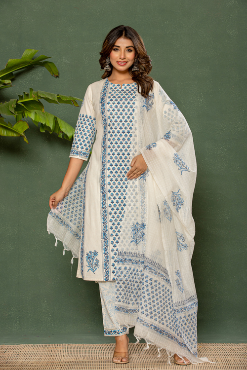 Linen Cotton Suit with Blue Floral Block Print & Kota Doria Dupatta