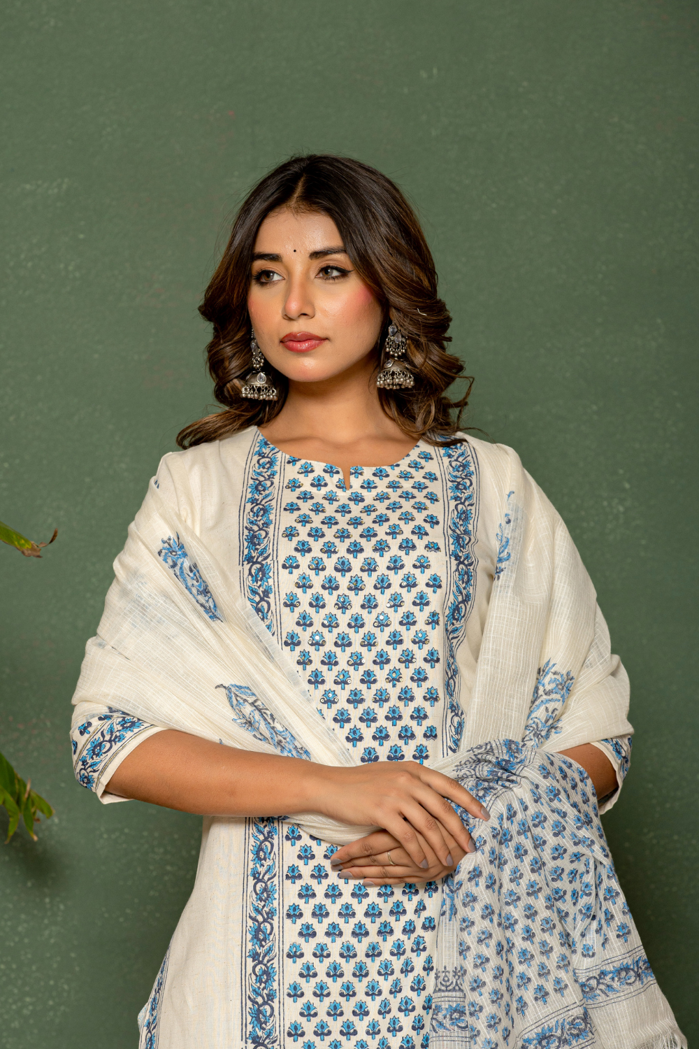 Linen Cotton Suit with Blue Floral Block Print & Kota Doria Dupatta