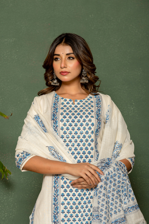 Linen Cotton Suit with Blue Floral Block Print & Kota Doria Dupatta
