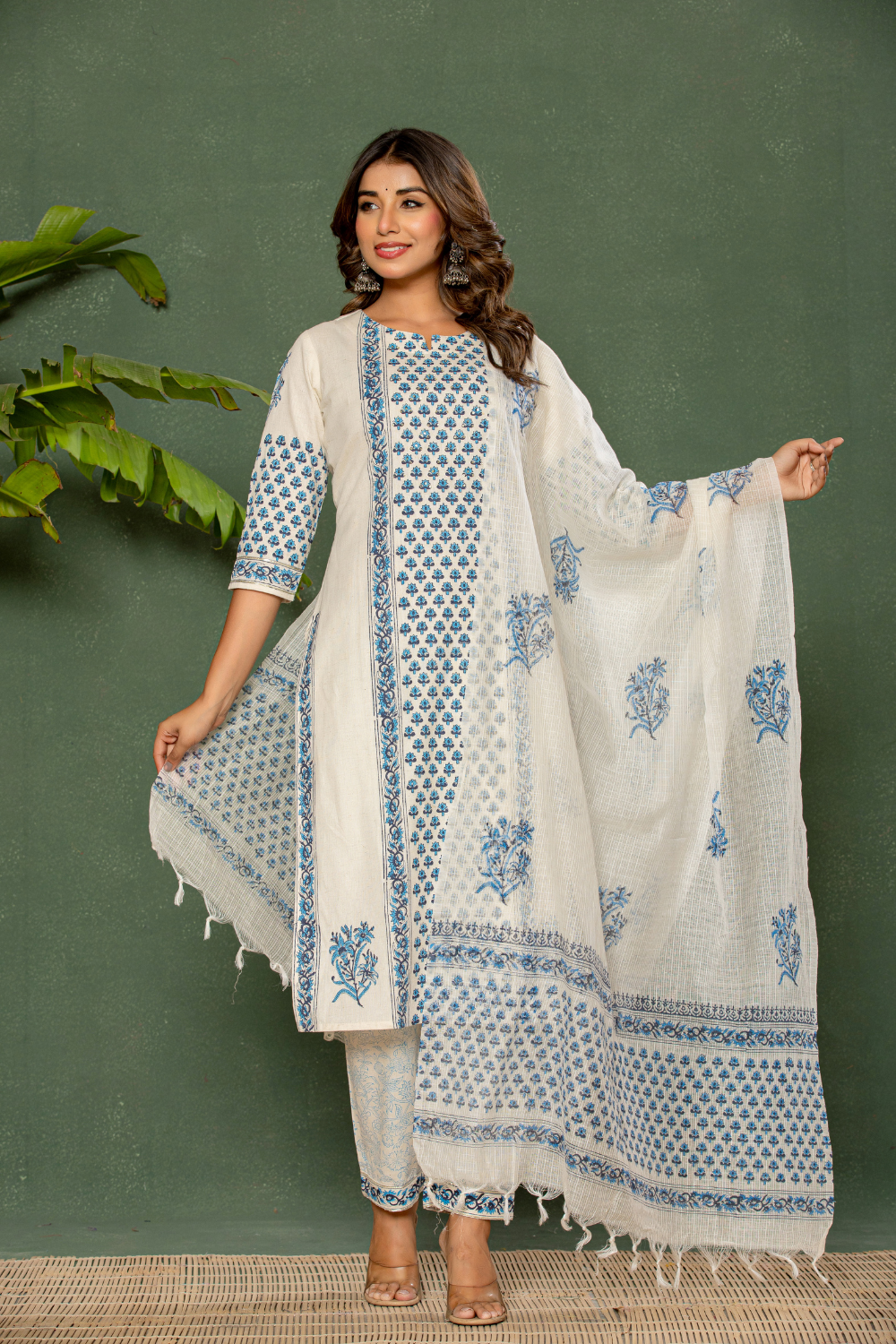 Linen Cotton Suit with Blue Floral Block Print & Kota Doria Dupatta