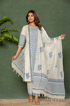 Linen Cotton Suit with Blue Floral Block Print & Kota Doria Dupatta