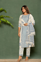Linen Cotton Suit with Blue Floral Block Print & Kota Doria Dupatta