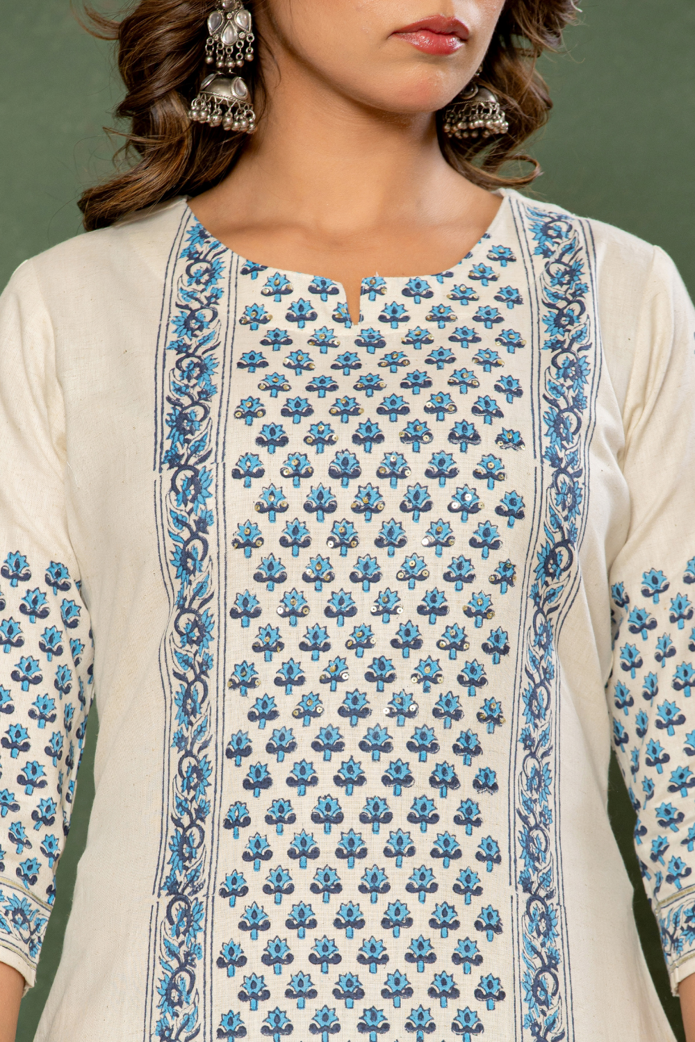 Linen Cotton Suit with Blue Floral Block Print & Kota Doria Dupatta