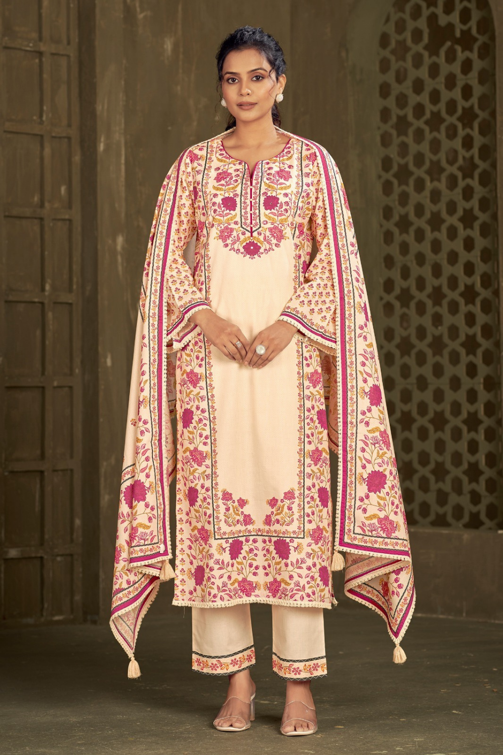 Cotton Suit with Floral Print in Pink & Mustard Tones and Cotton Dupatta