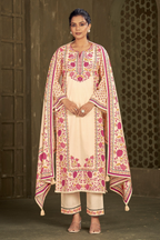 Cotton Suit with Floral Print in Pink & Mustard Tones and Cotton Dupatta