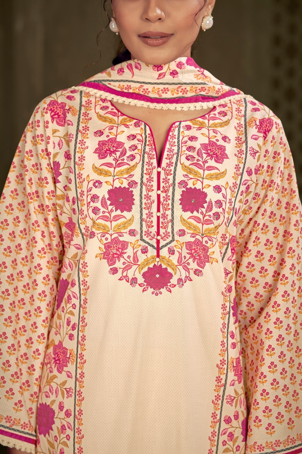 Cotton Suit with Floral Print in Pink & Mustard Tones and Cotton Dupatta