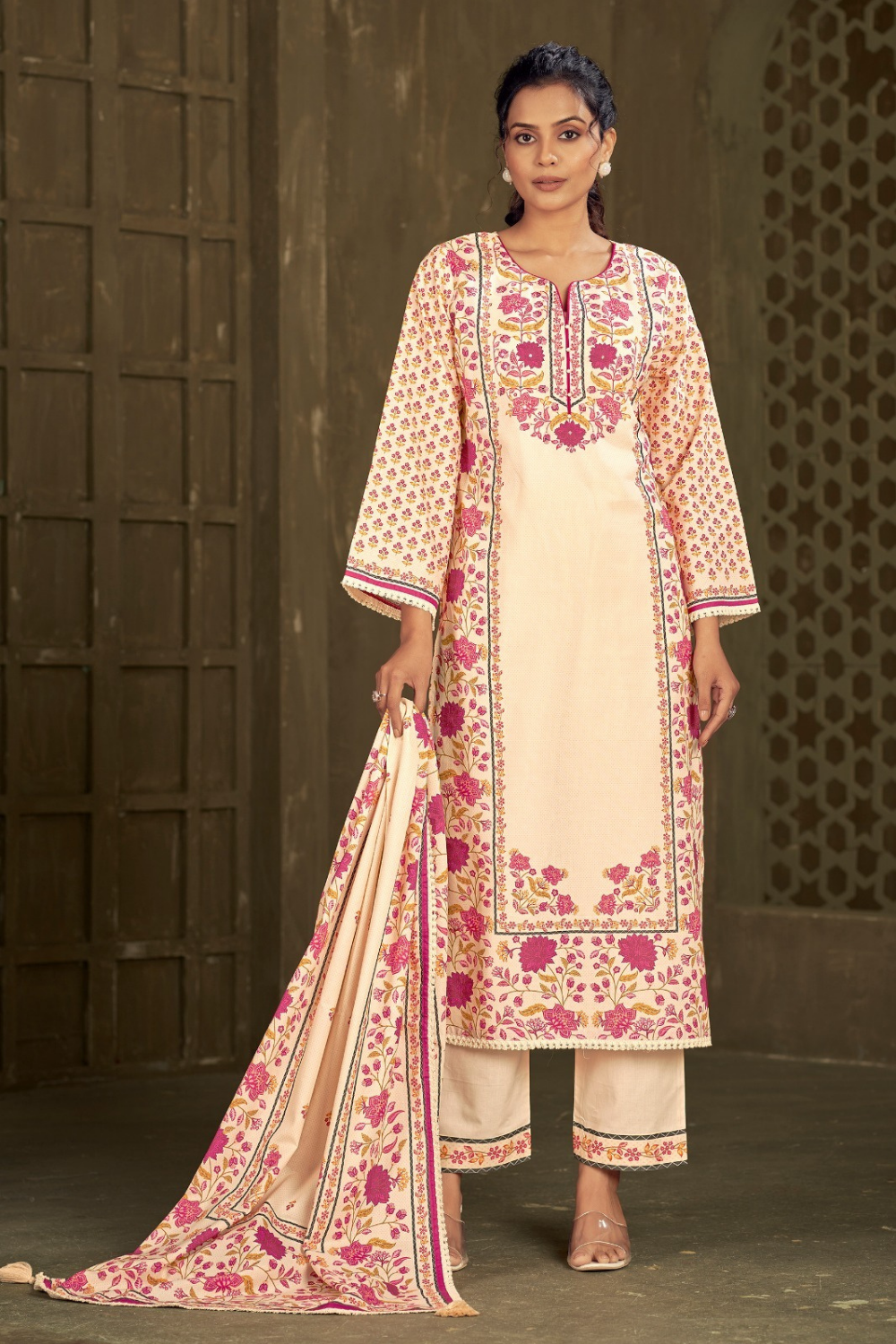 Cotton Suit with Floral Print in Pink & Mustard Tones and Cotton Dupatta