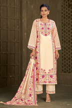 Cotton Suit with Floral Print in Pink & Mustard Tones and Cotton Dupatta