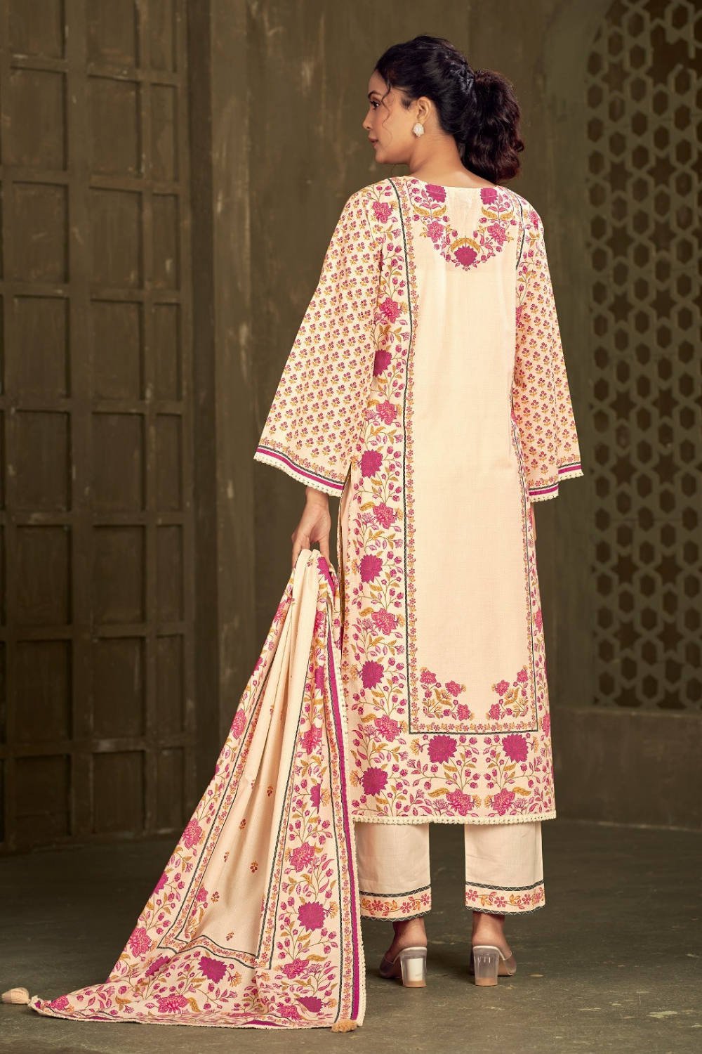 Cotton Suit with Floral Print in Pink & Mustard Tones and Cotton Dupatta