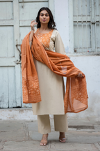 Beige & Orange Cotton Suit with Hand Block-Printed Chanderi Dupatta