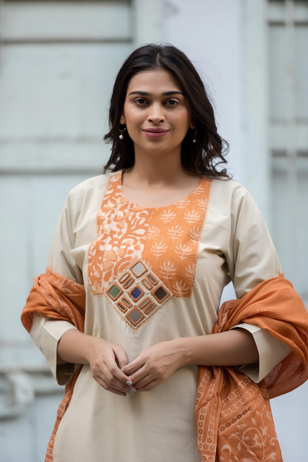 Beige & Orange Cotton Suit with Hand Block-Printed Chanderi Dupatta