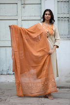 Beige & Orange Cotton Suit with Hand Block-Printed Chanderi Dupatta