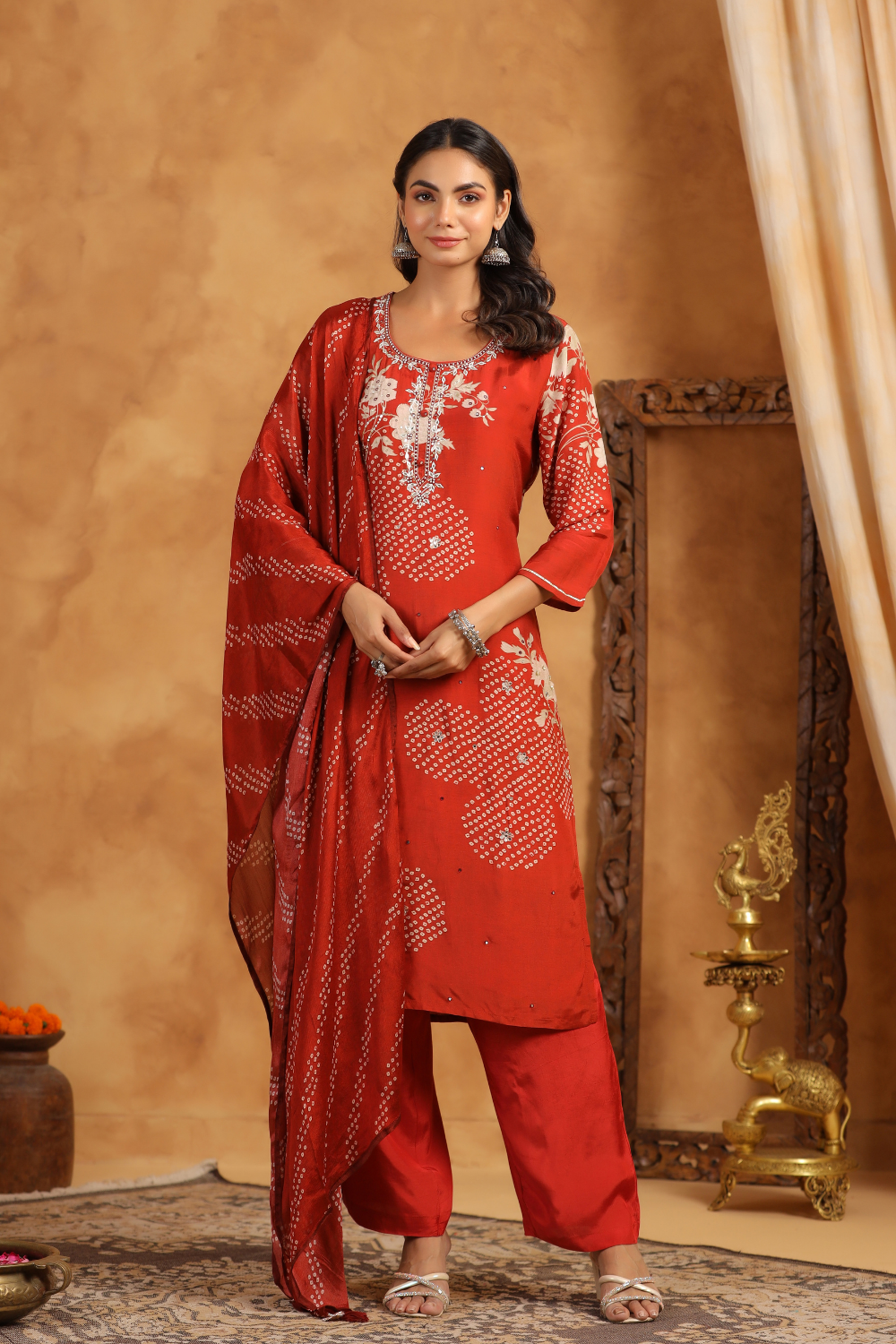 Pure Muslin Bandhej Print Suit with Gota Patti Detailing