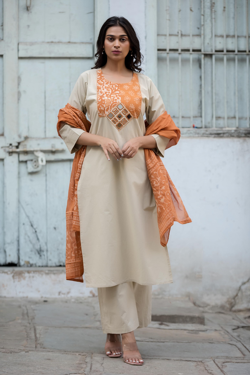 Beige & Orange Cotton Suit with Hand Block-Printed Chanderi Dupatta