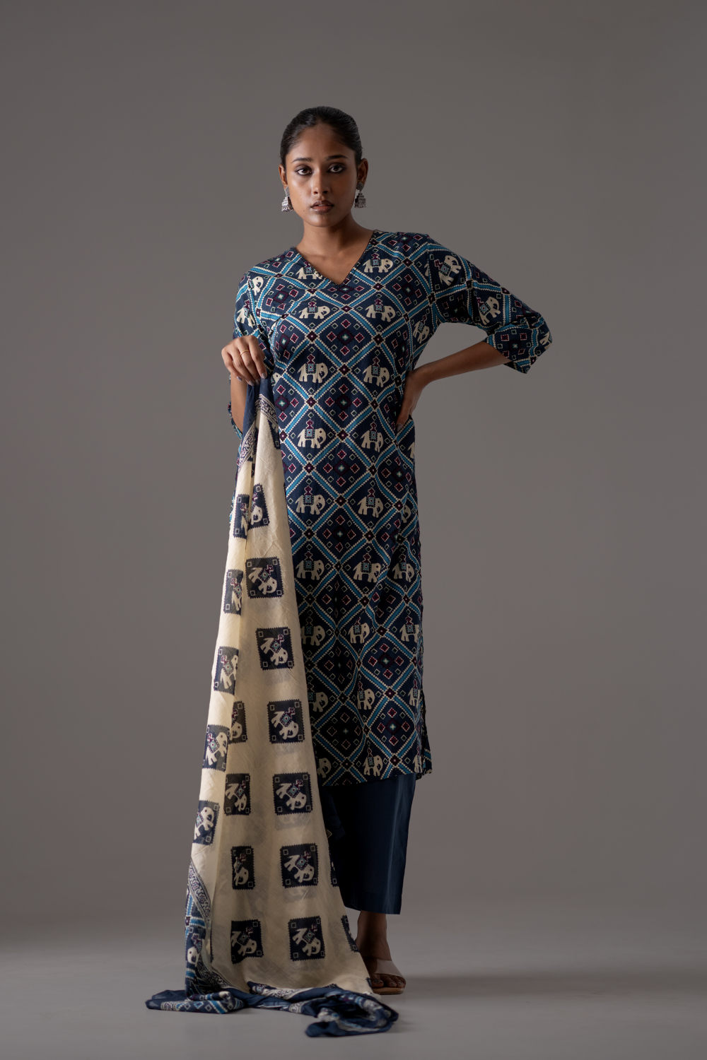 Indigo Elephant Motif Cotton Printed Suit Set