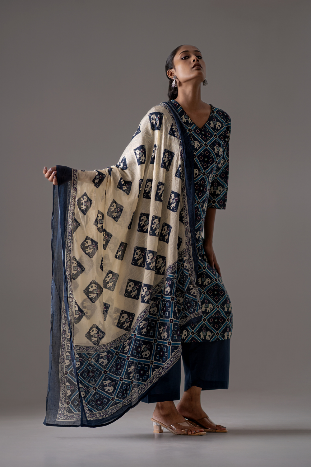 Indigo Elephant Motif Cotton Printed Suit Set