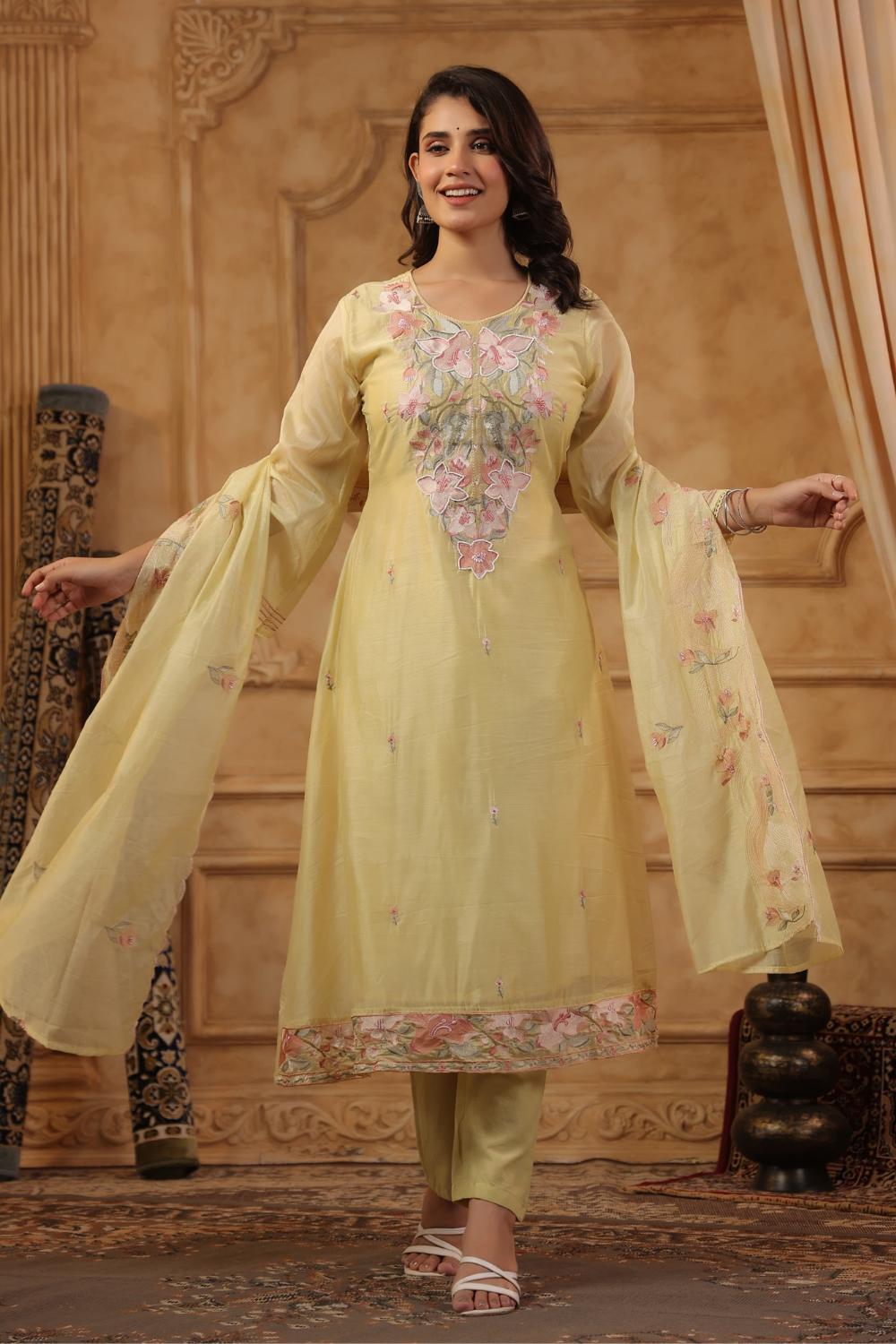 Yellow Mal Chanderi A-Line Suit Set with Delicate Thread Embroidery