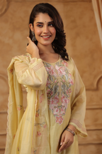 Yellow Mal Chanderi A-Line Suit Set with Delicate Thread Embroidery