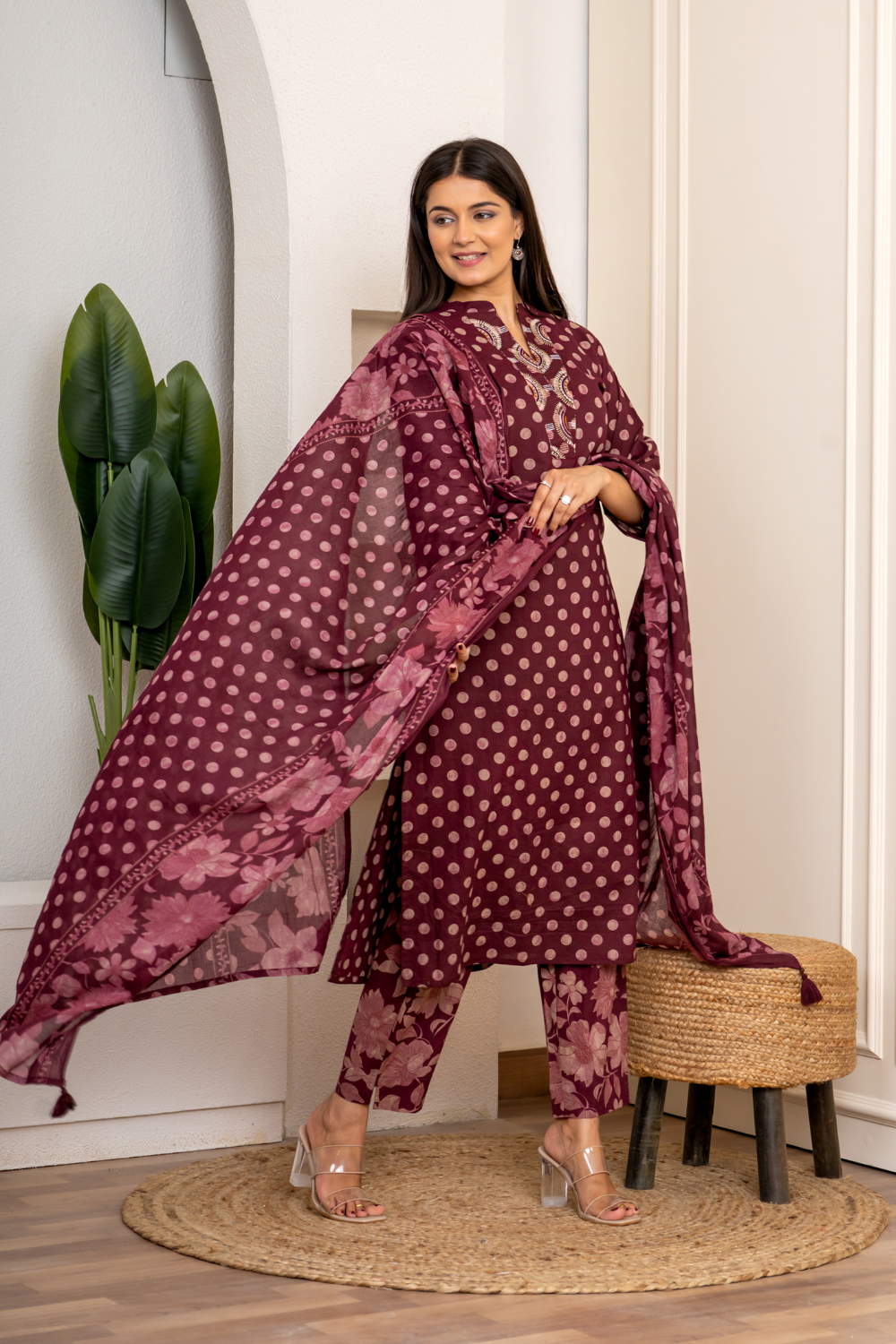 Maroon Polka Printed Cotton Suit Set