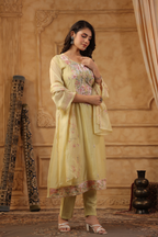 Yellow Mal Chanderi A-Line Suit Set with Delicate Thread Embroidery