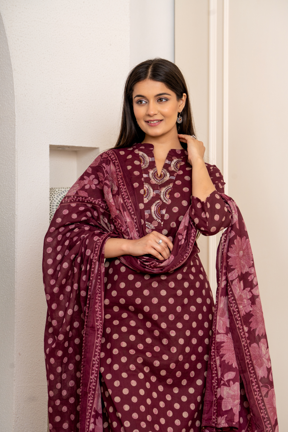 Maroon Polka Printed Cotton Suit Set