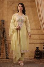 Yellow Mal Chanderi A-Line Suit Set with Delicate Thread Embroidery