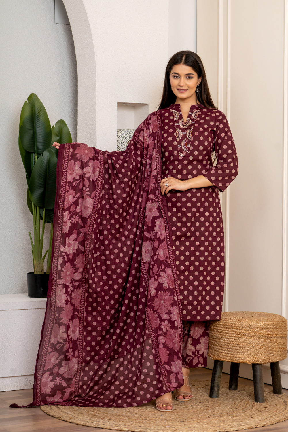 Maroon Polka Printed Cotton Suit Set