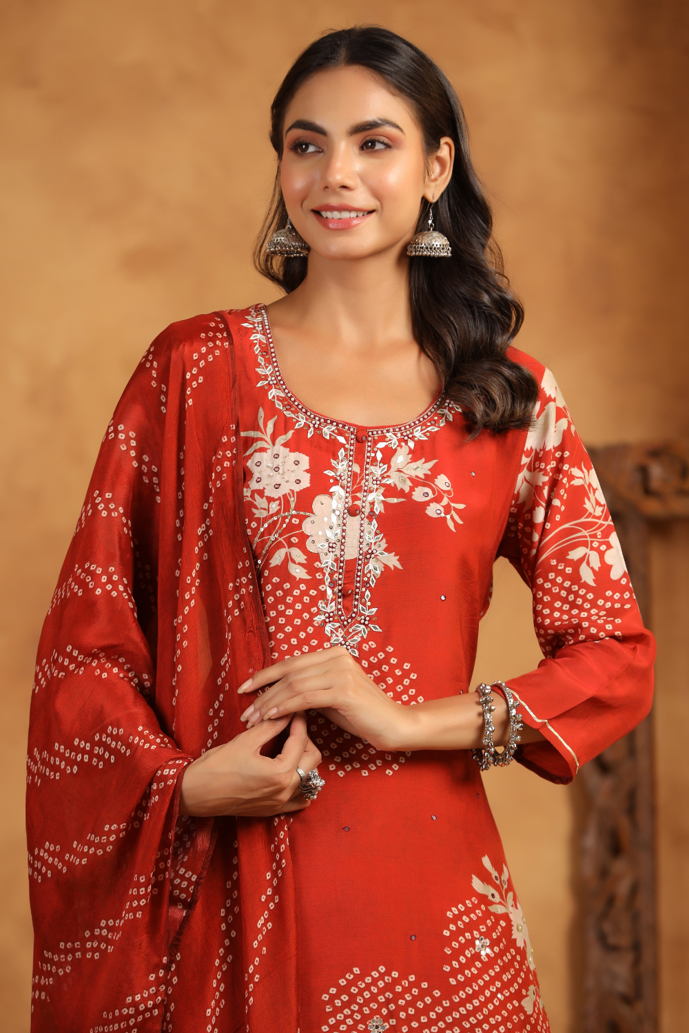 Pure Muslin Bandhej Print Suit with Gota Patti Detailing