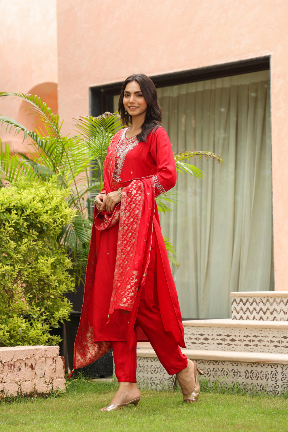 Crimson Red Pure Silk Suit with Banarasi Dupatta