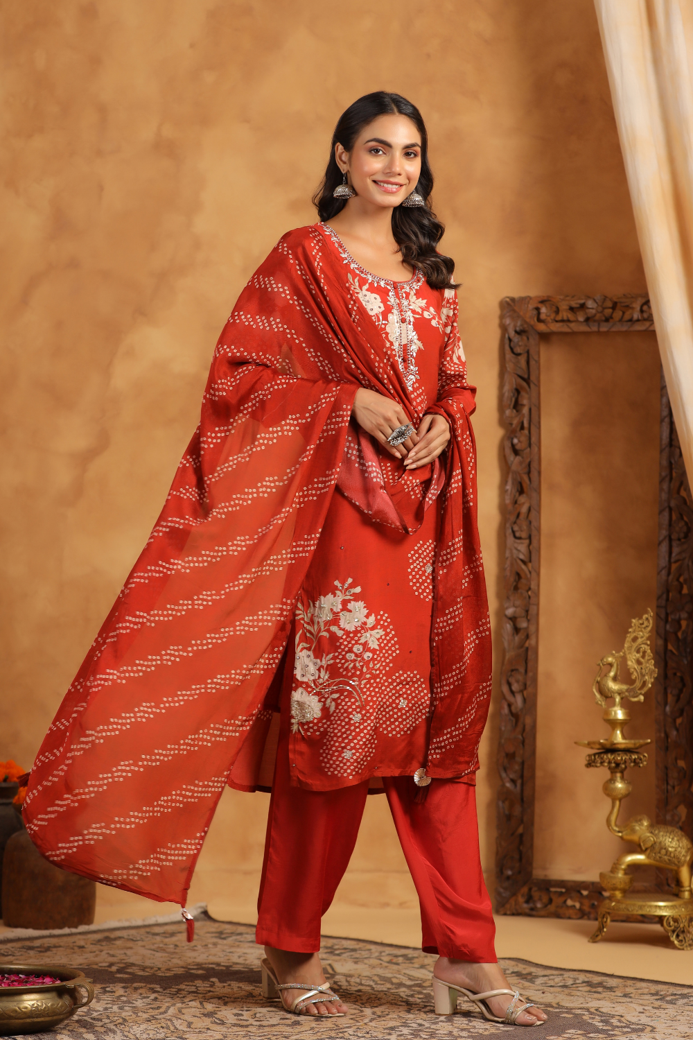 Pure Muslin Bandhej Print Suit with Gota Patti Detailing
