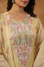 Yellow Mal Chanderi A-Line Suit Set with Delicate Thread Embroidery