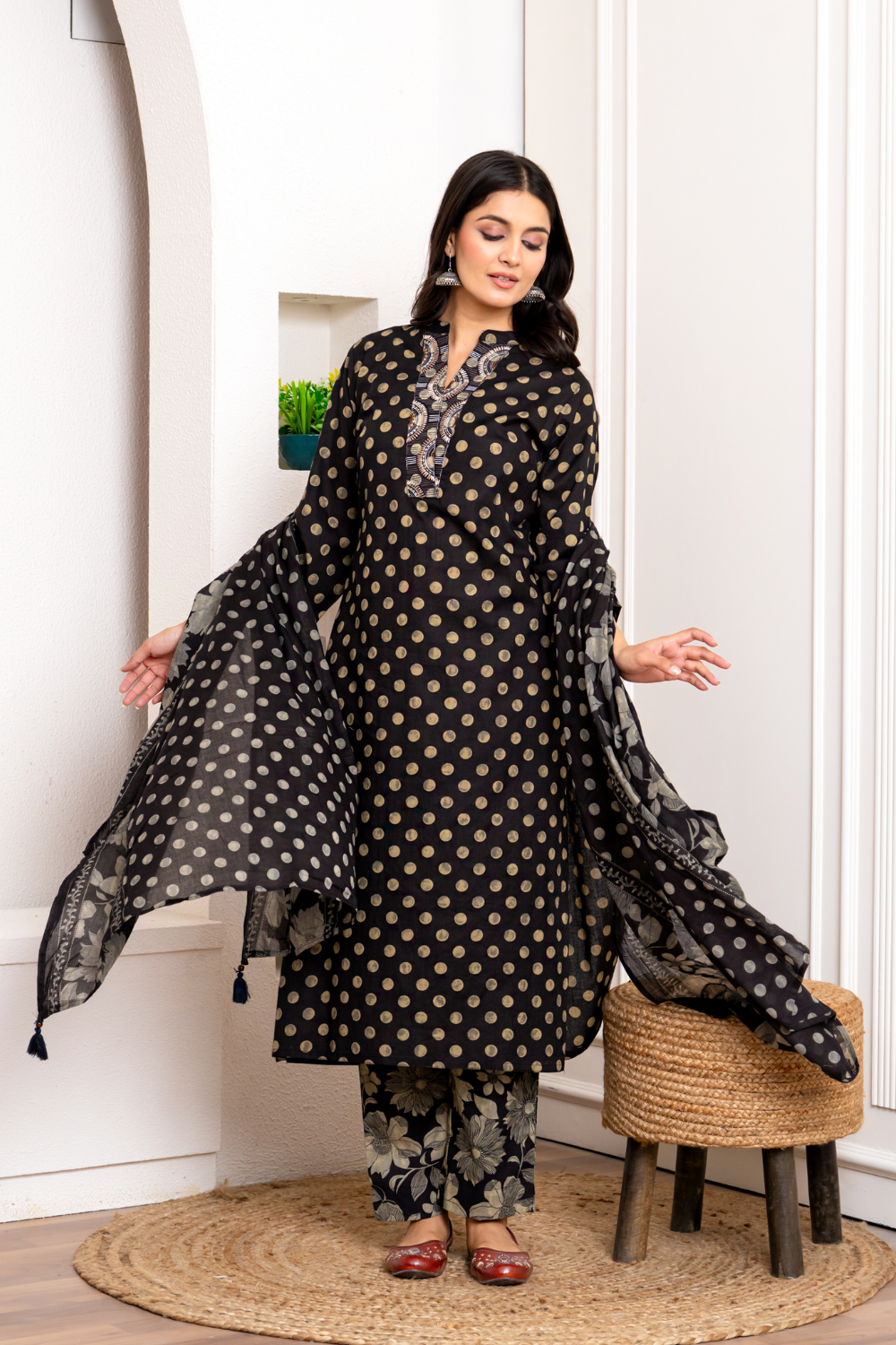 Black Polka Printed Cotton Suit Set
