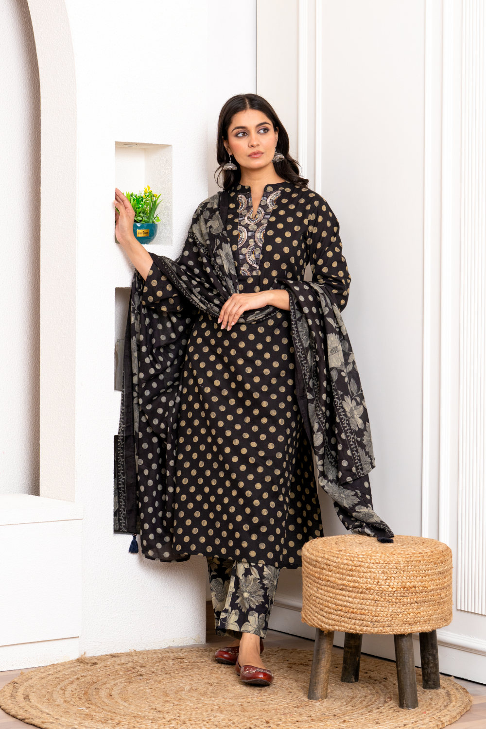 Black Polka Printed Cotton Suit Set