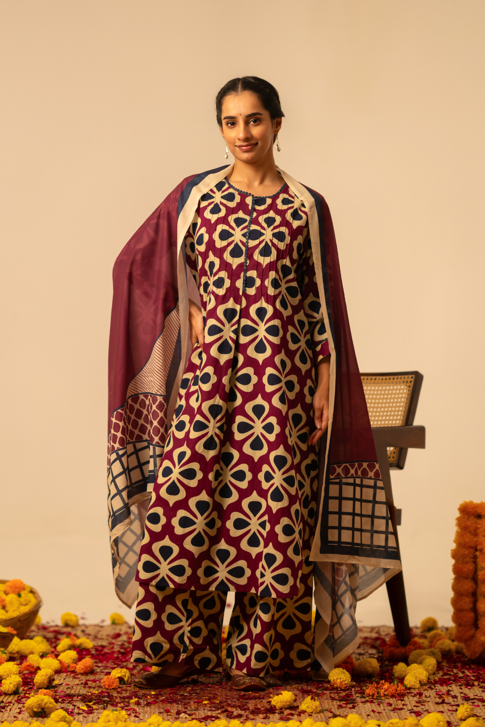 Maroon Geometric Printed Cotton Suit Set